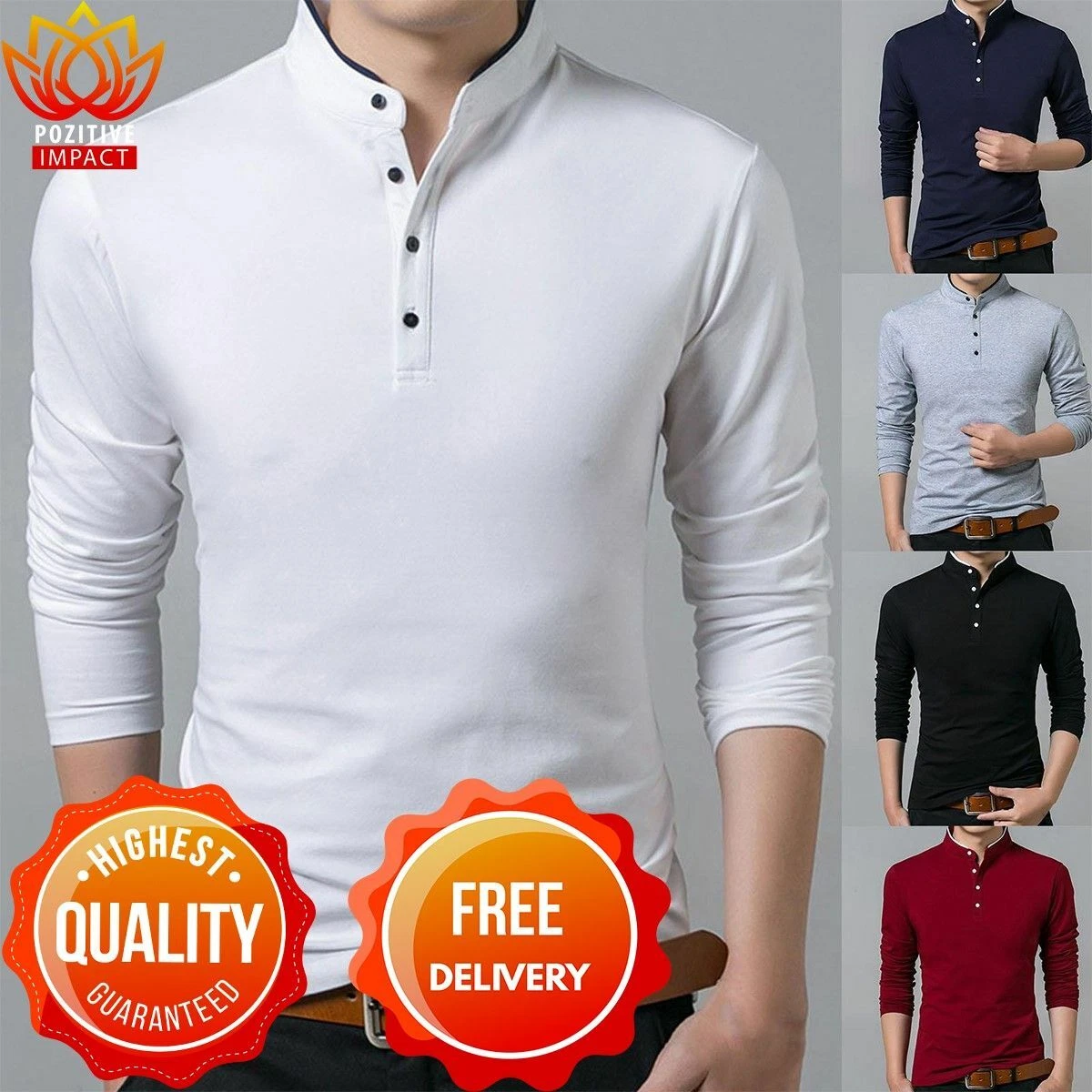 Camisa Casual Elegante Manga Larga Para Hombre Camiseta De Algodón Cuello  Alto