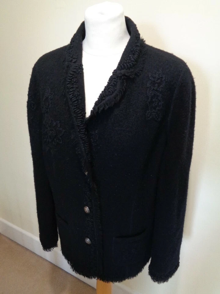 BASLER BLACK VIRGIN WOOL JACKET WITH FRINGE & EMBROIDER DETAILING - SIZE 14 (40) — 第 3/4 张图片