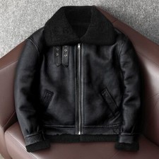 Black Fur Shearling Jacket for Men Real Sheepskin Leather Biker RAF Bomber Style