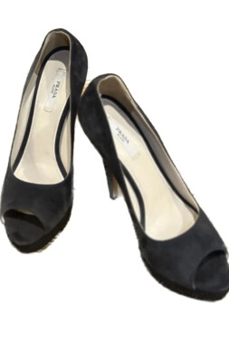 PRADA Gray Suede Leather Open Toe Platform Pump Heel Shoes - 37 EUR/7 US - EUC
