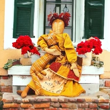 Primitive Rag Doll and Kitty Cat Button Eyes Embroidered Quilted Attic Baby