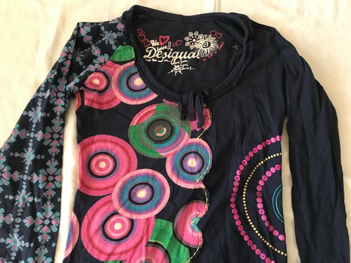 DESIGUAL WOMEN'S T-SHIRT NAVY BLUE DECORATED SMALL SIZE EU - Picture 2 of 11