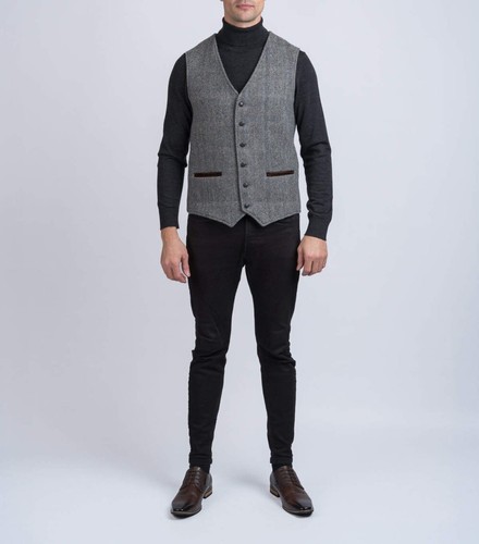 Herren Weste Graue Fischgräte Tweed Anzug Jackett Sakko Formel Hochzeit Business - Picture 6 of 15