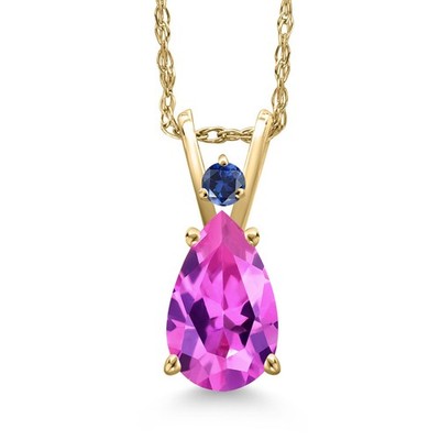 14K Yellow Gold Pink Created Sapphire and Created Sapphire Pendant Necklace for