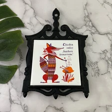 Vintage 70s Tile Trivet Cast Iron Frame Fox Chicken Red Purple Kitchen Decor