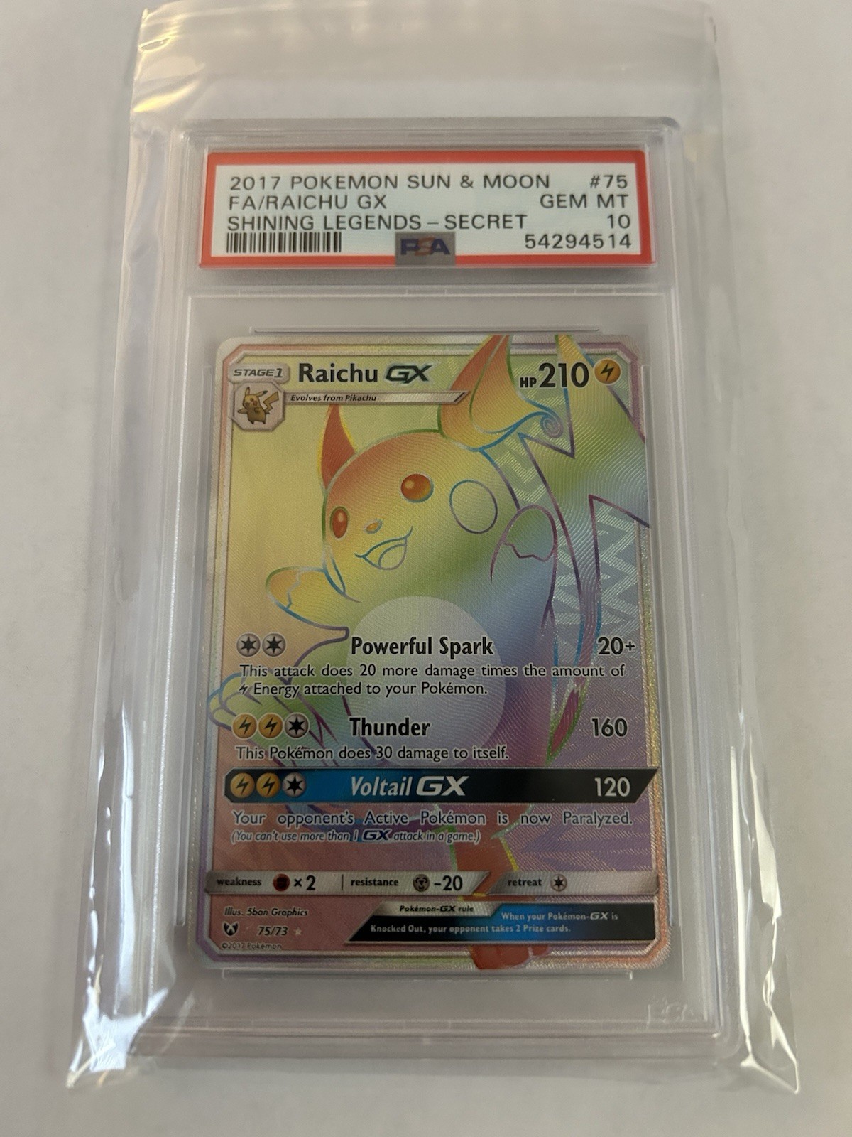 Pokemon Raichu GX Shining Legends Secret Rare Full Art #75 PSA 10 Gem Mint