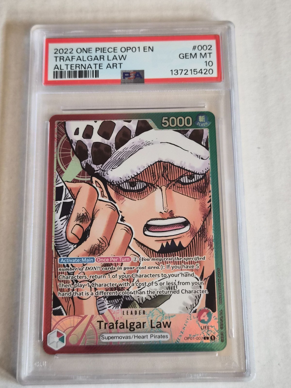 PSA 10 Trafalgar Law OP01-002 Romance Dawn Alt Art Leader PRE ERRATA One Piece