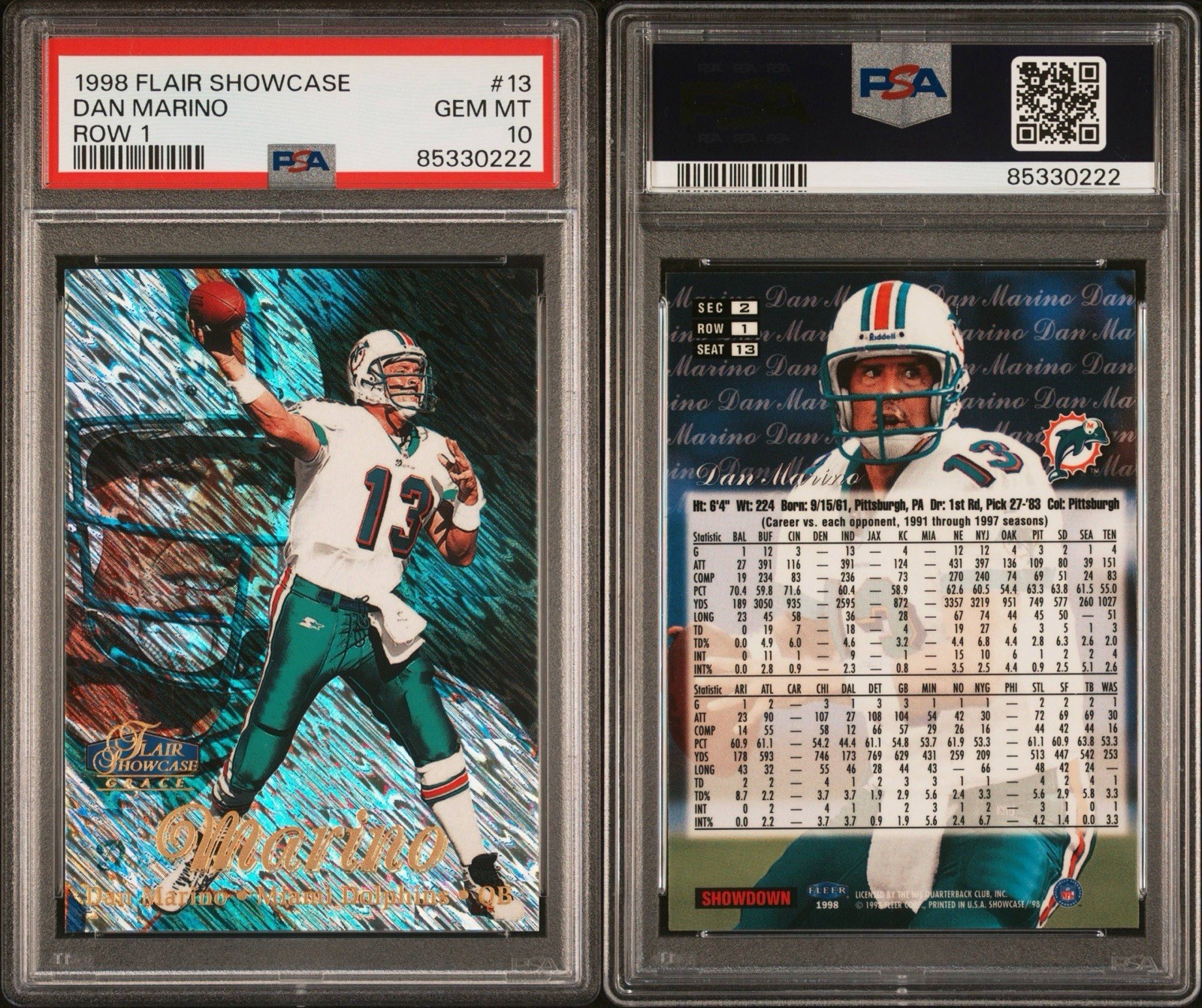 1998 Flair Showcase Grace #13 Dan Marino Row 1 PSA 10 GEM MT Dolphins HOF view 3