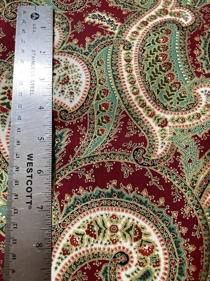 Cotton FabricLight Green Maroon Large Paisley White Gold Accents 29" x 44" Width - Image 2 of 3