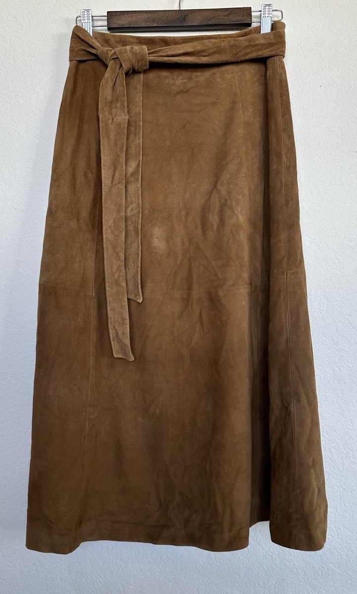 Max Mara Womens Brown Goat Leather Suede A Line Skirt With Tie
