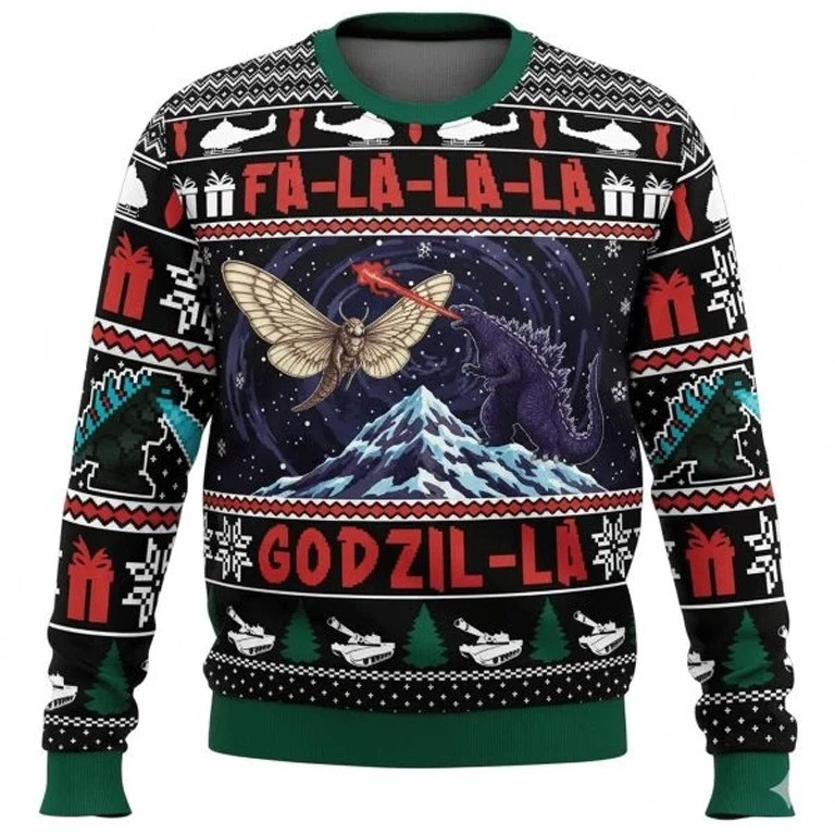 god zilla and Mothra Christmas Knitted Ugly Sweater