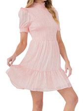 Women's Light Pink Smocked High Neck Short-Sleeve Mini Dress (Large)