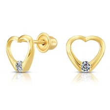 10K Real Solid Yellow Gold Open Heart CZ Sleeper Studs Earrings Screw-back