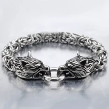 7.5-9 inch Mens Stainless Steel Norse Viking Fenrir Wolf Head Bracelet Men