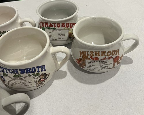 Vintage Rezept Suppenschalen Tassen Tassen 7er Set Tomate Zwiebel Scotch Brühe Pilz - Bild 4 von 4