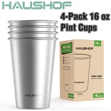 HAUSHOF 4 Pack 16 oz Pint Cup Stainless Steel Cup Stackable Metal Beer Pint Cups