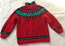 Hand Knitted Nordic Style Red Black Turquoise Wool Sweater Teen Unisex Sz 12-14
