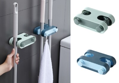 2-Pack Wall Mounted Broom Mop Holder w/ Hooks Gripper Rack Storage Organizer