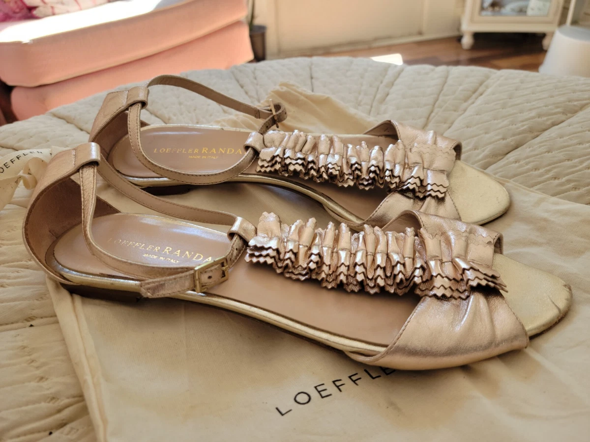 LOEFFLER RANDALL Ankle Strap Flat Sandals Gold Sz 7.5 Made In Italy