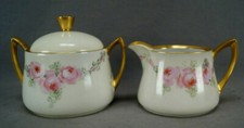 RS Germany / RS Prussia Hand Painted Pink Rose Gold Creamer Sugar Set