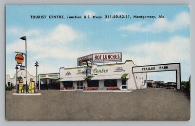 Montgomery Alabama AL Tourist Centre Shell Gas Station Linen Postcard 1930-45