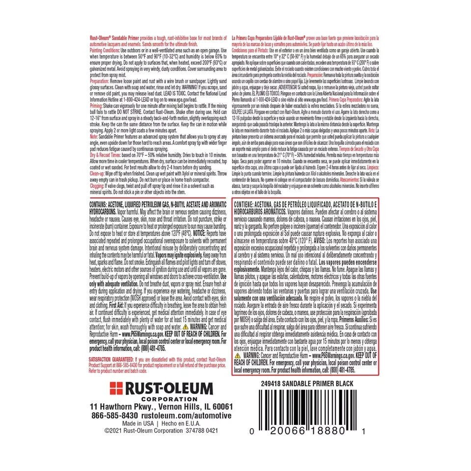 Rust-Oleum 249418 Automotive Sandable Primer Spray Paint 12 oz Black Home Garden