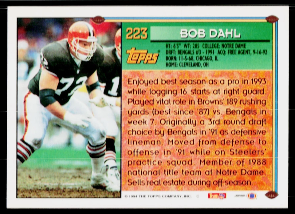 Bob Dahl, 1994 Topps Football Card, #223, Cleveland Browns, - Image 2 of 2