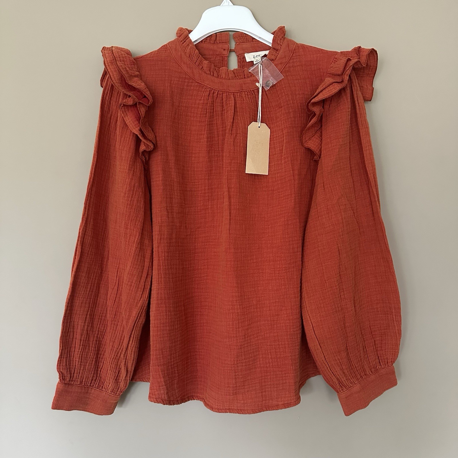 NWT Feminine Gauzy Fall Ruffle Top $50 Burnt Orange Rust Women XL  Baloon Sleeve