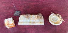 ONYX DESK 4-ITEM SET WITH BEAUTIFUL GILT CAT, MOUSE, BIRDS--VINTAGE ITEM--NICE 