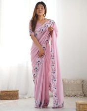 Women's Silk Blend Embroidery Scalloped Border Saree With Unstitched Blouse