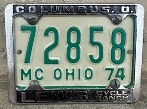 Ohio Motorcycle License Plate 1974 & LEW’S CYCLE RANCH License Plate Cover MC 