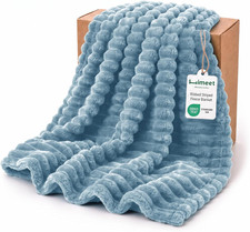 Dusty Blue Twin Blanket for Bed, 300GSM Ribbed Fleece, 60 X 80 In