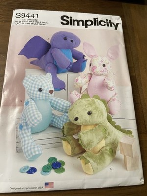 Simplicity Pattern S9441 ~ 13'' Plushies/Stuffed Toy ~ Dinosaur~Dragon~Bear~Bunny