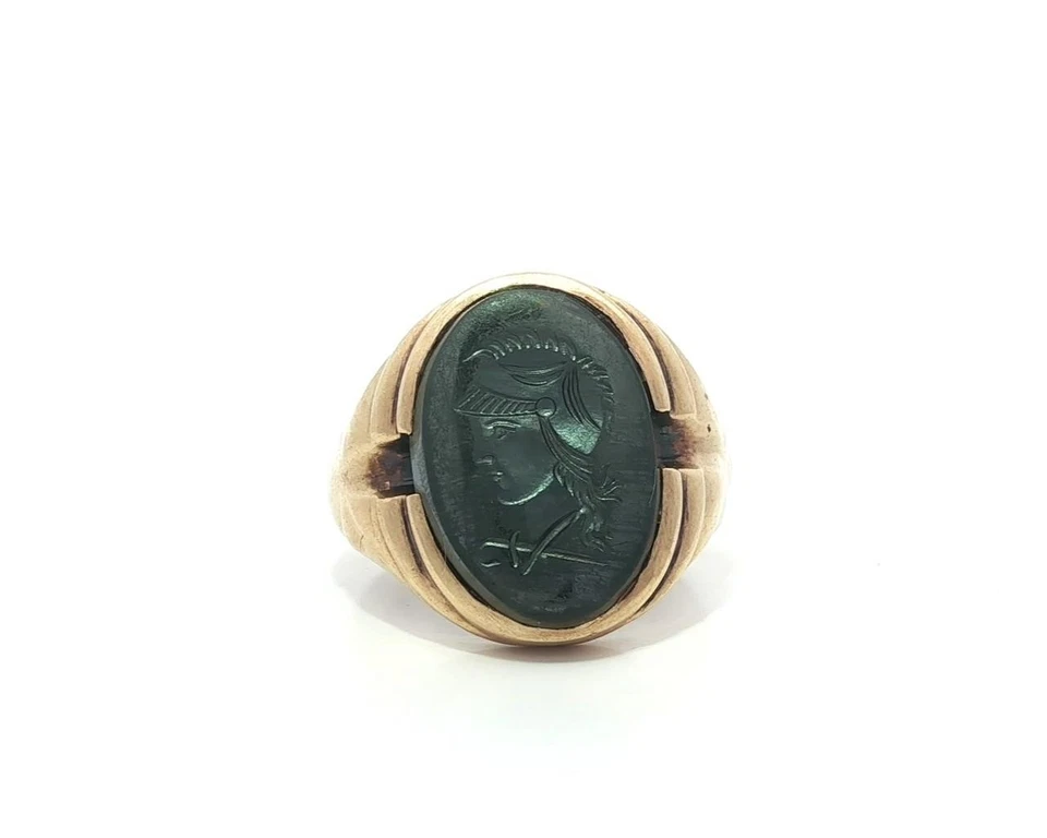 Anillo acanalado hematita talla troyana intaglio oro amarillo 10k vintage para hombre Foto 3 de 4
