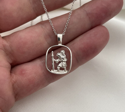 Silver Saint Christopher Cut Out Pendant with Silver Faceted Belcher Chain