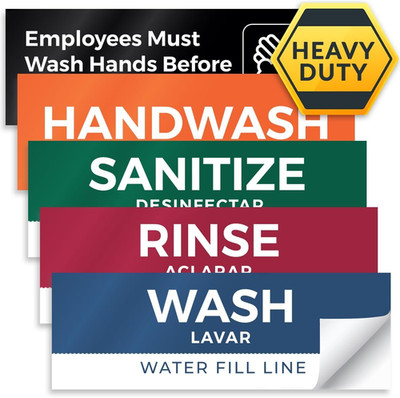 5 Pack Wash Rinse Sanitize Sink Labels, Waterproof Sticker Signs, 3 Compartment