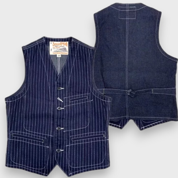 トップス SUGAR CANE WABASH STRIPE WORK VEST 40 Sugar Cane, Standard Vest, Wabash Stripe – Wardrobe 19