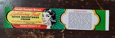 1946 Sweet Georgia Brown Lightning Fast Quick Brightener Cream Label Valmor