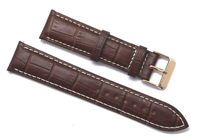 20mm Brown/White Croco Embossed Leather Unisex Watch Band Rose Gold Tone Buckle