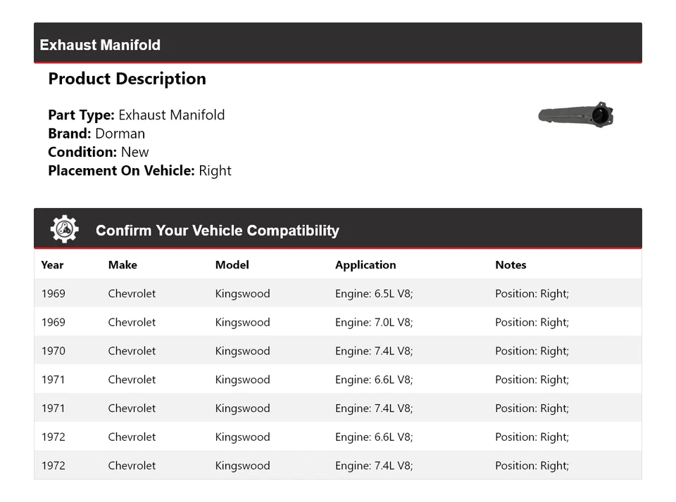 适用于 1969 - 1972 雪佛兰 Kingswood Dorman 排气歧管右 1970 1971 — 第 2/4 张图片