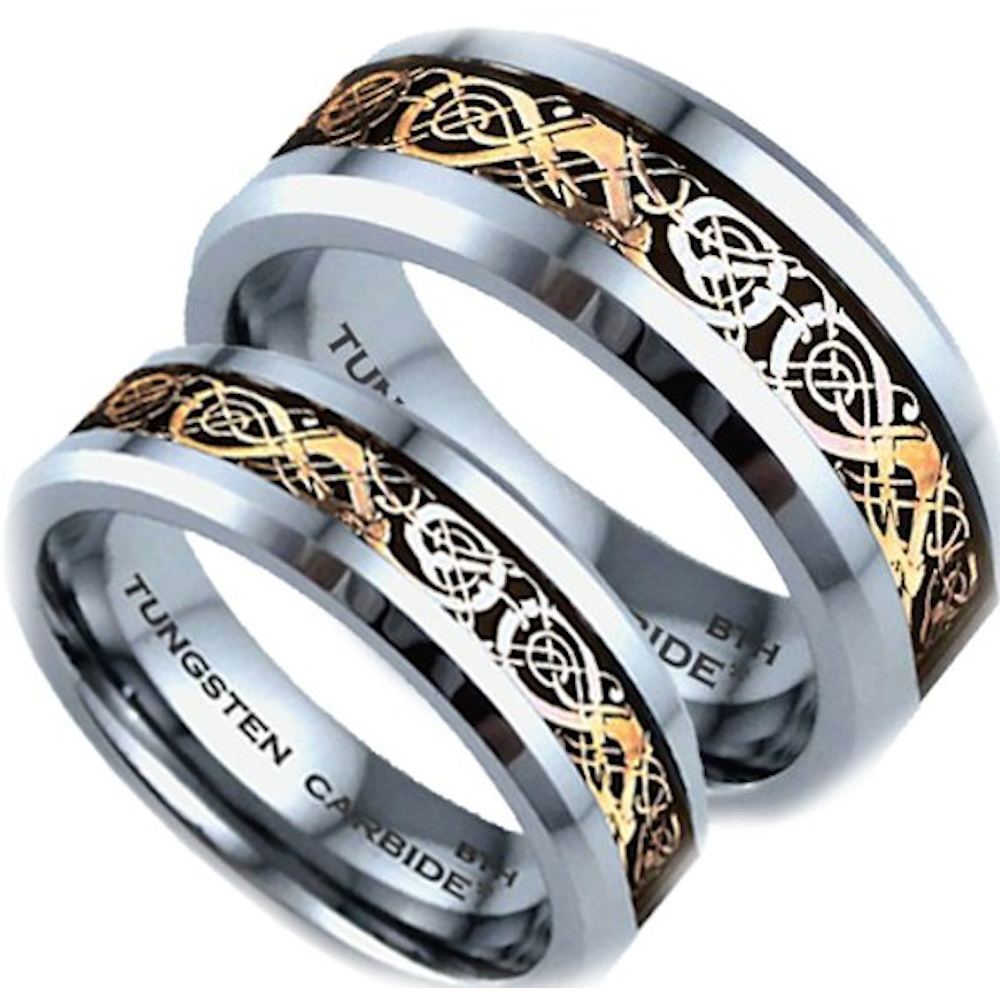 His And Hers Tungsten Celtic Dragon Inlay Matching wedding Ring