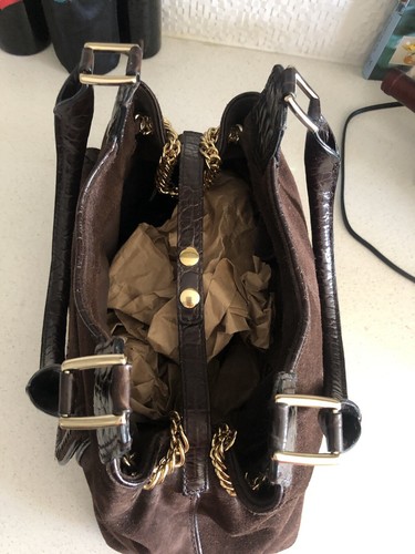 STUNNING EUC $399 Cole Haan Suede Croc Leather Shoulder Hobo Bag Brown - Picture 5 of 8