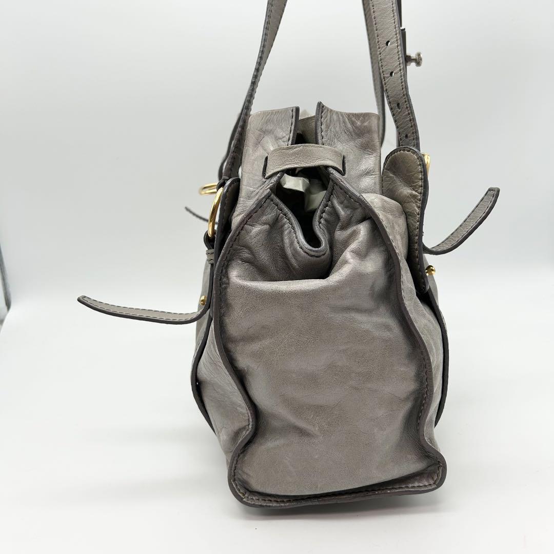 MIU MIU Side Ribbon Belt Tote Bag Shoulder Gray Leather MIU MIU Side Ribbon Belt Tote Bag Shoulder Gray Leather