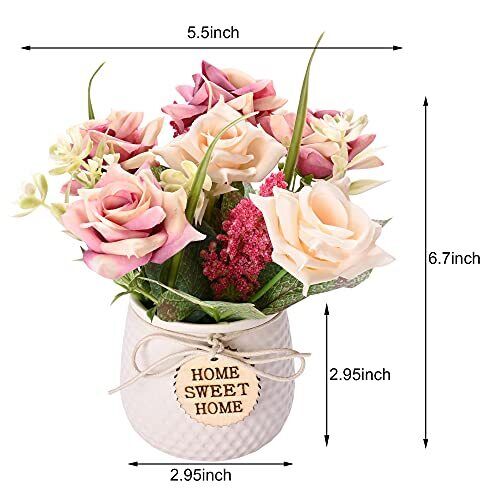 Artificial Flowers with Vase, 2pcs Silk Roses in Pot, Fake Flowers Pink - Picture 8 of 8