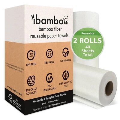 Ibambo Reusable Bamboo Paper Towels - 2 Rolls, Ecofriendly, Washable, Durable