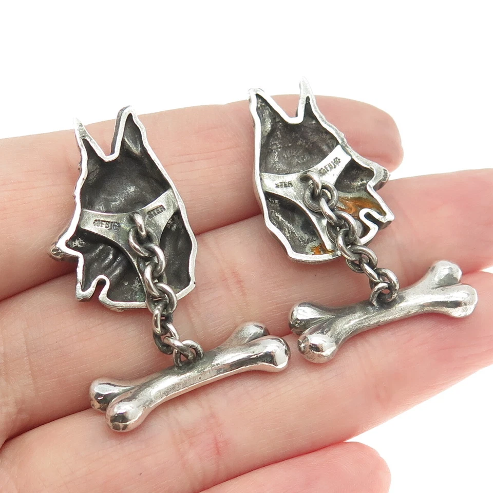 Gemelos oxidados vintage de plata de ley 925 K9 perro pastor alemán Foto 2 de 4