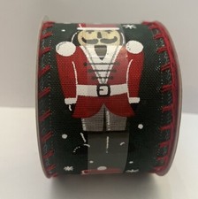 2 1/2  x 20Ft Wired Edge Ribbon . Nutcracker On Dark Green. Christmas.