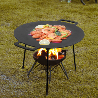 Round Cast Iron Grill Pan Grill Plate with Legs Handle for Outdoor BBQ  Camping UK