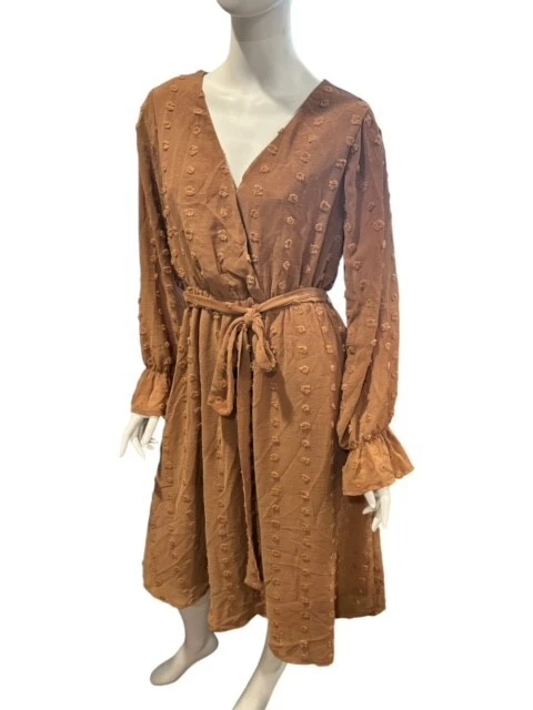 Vestido midi manga larga Baltic Born talla grande marrón camel punto cachemir suizo L Foto 3 de 4