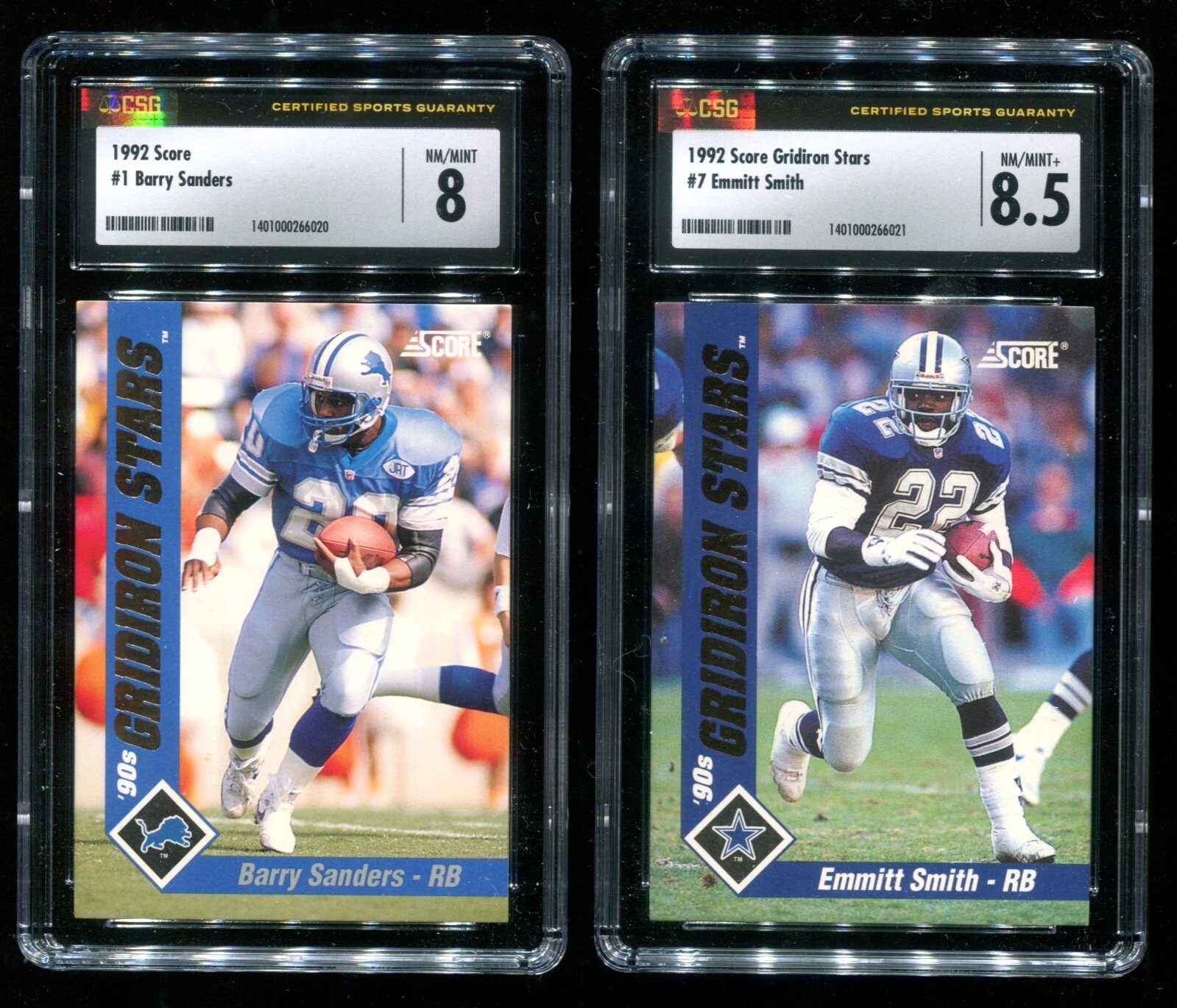 1992 Score Gridiron Stars #1 Barry Sanders CSG 8 #7 Emmitt Smith CSG 8.5~(PL)